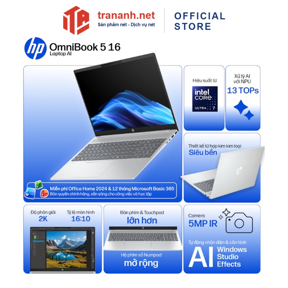 Laptop HP OmniBook 5 AI 16-AF1048TU BZ7Q9PA (Ultra 5 225U/ 16GB/ 512GB SSD/ 16 inch WUXGA/ Win 11/ Office/ Bạc)