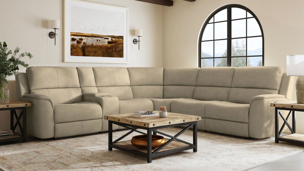 HENRY BEIGE POWER  LEATHER RECLINING SECTIONAL