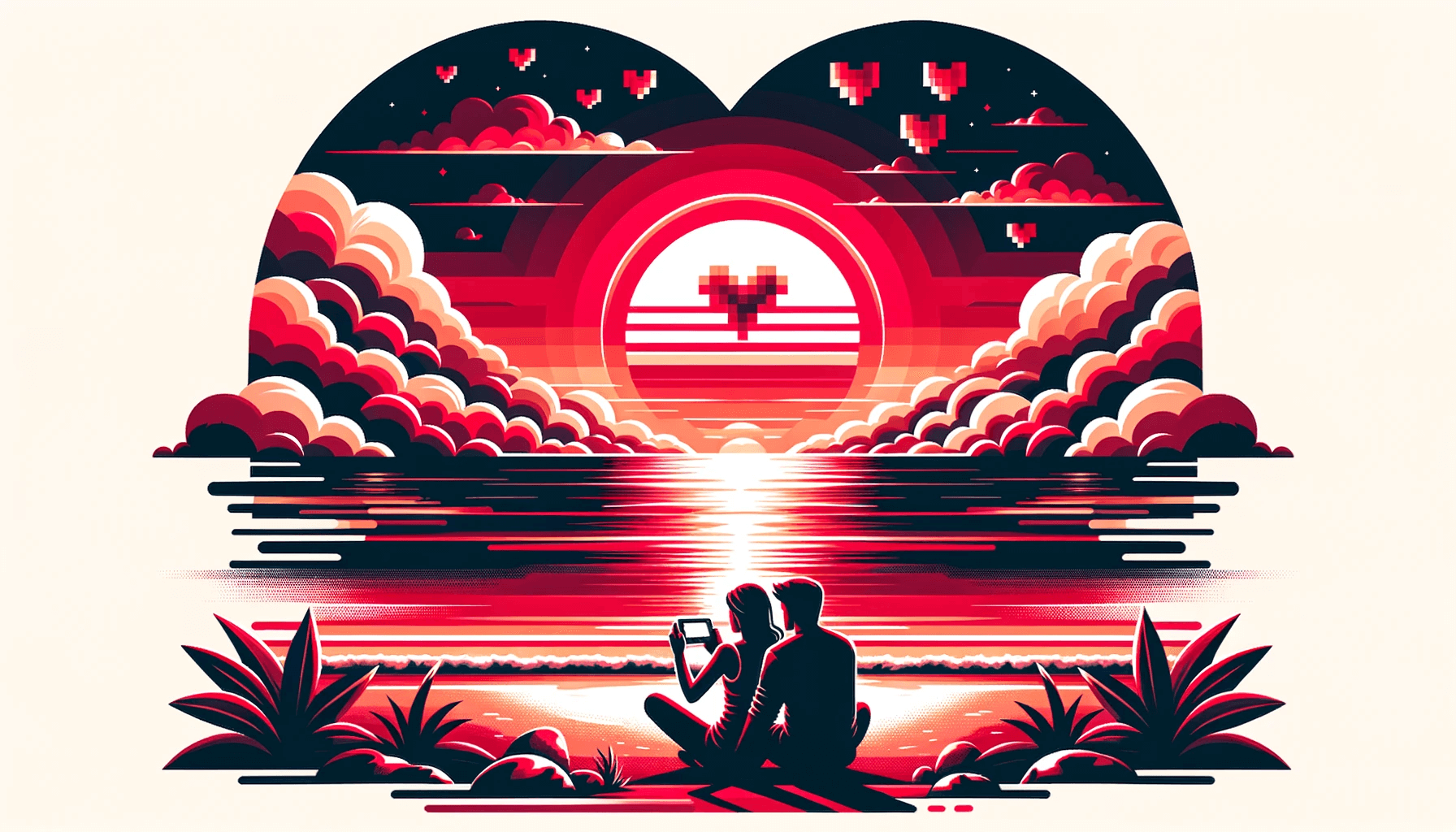 Sunset backdrop with gaming elements, signifying the end of a successful virtual date on a video game dating app