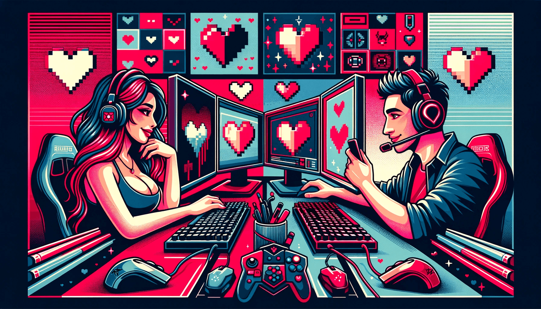 Loving couple at a desk with gaming setups, illustrating how to find a gamer girl for a meaningful connection