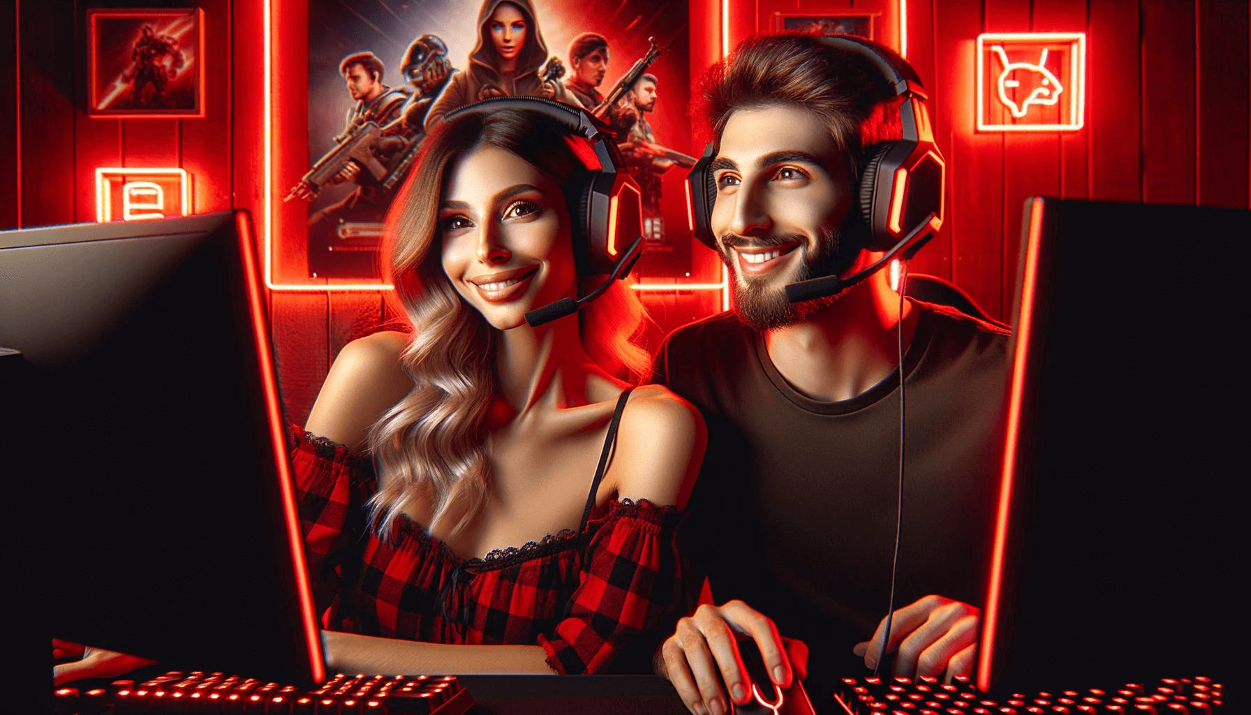 Couple enjoying an online gaming date on a PC, representing emotional intimacy in gamer dating