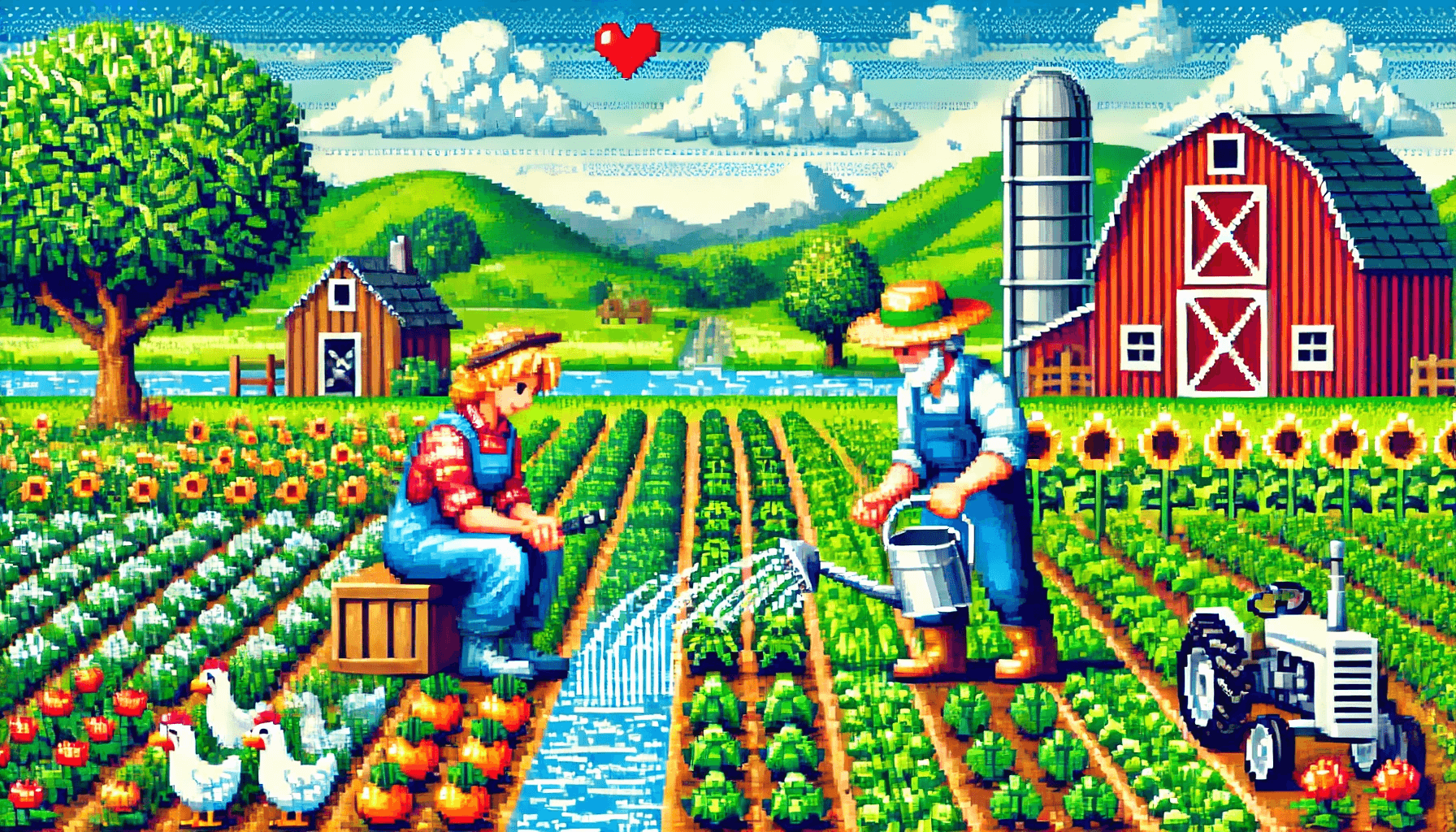 A couple farming together in a mock up of stardewvalley