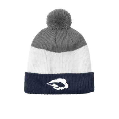 Adult Port Authority® Cozy Striped Pom Beanie - White