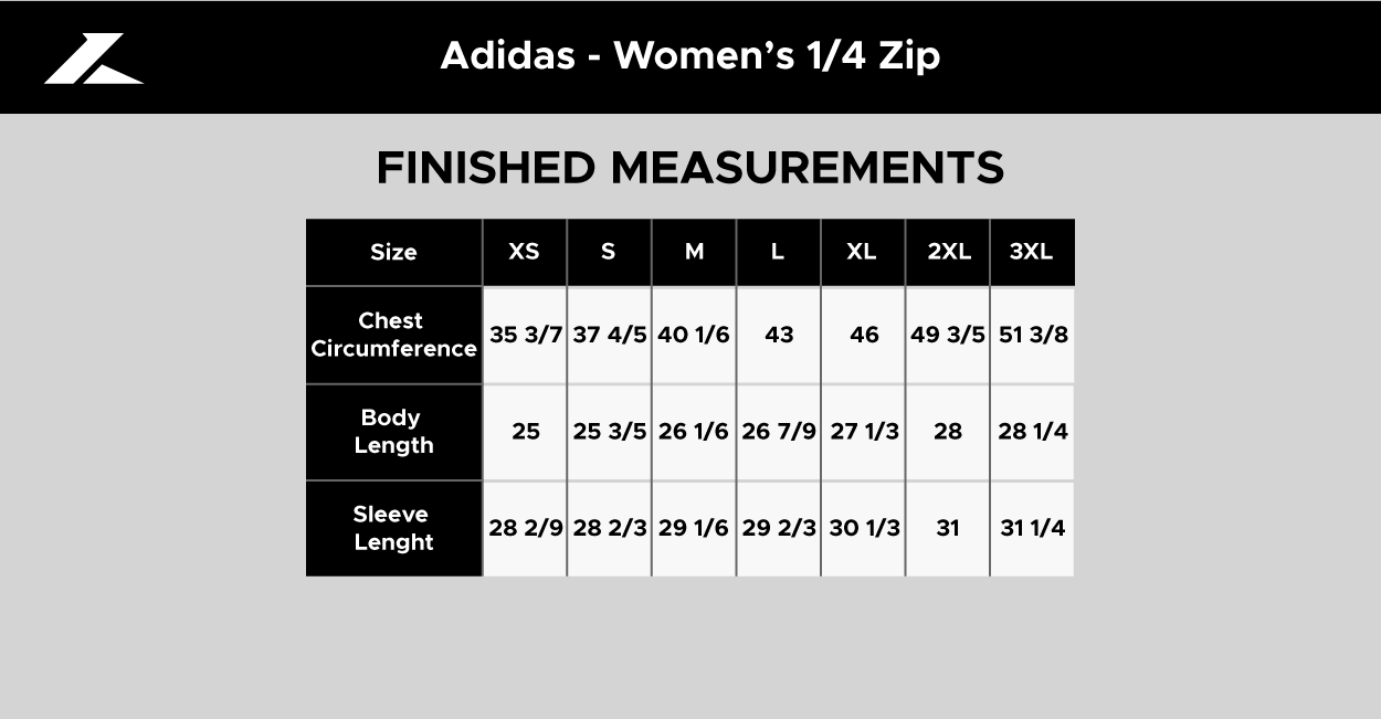 Size chart for Adidas Women's 1/4 Zip