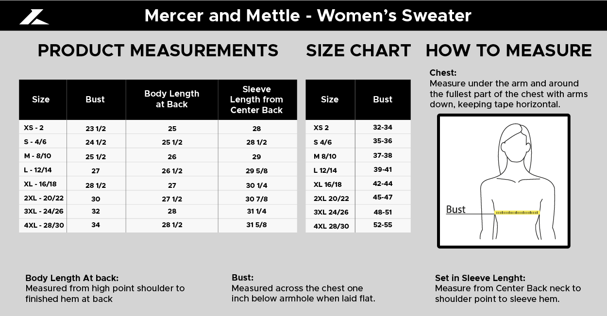 Size chart for Mercer and Mettle Women's Sweater