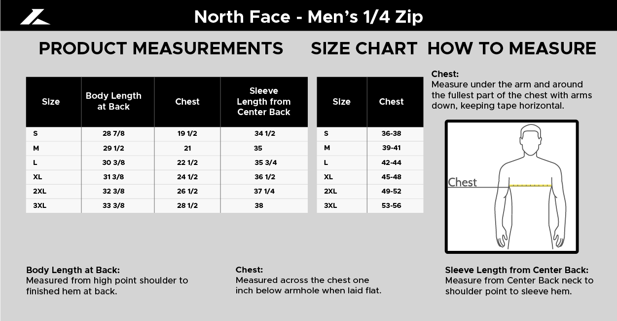 Size chart for The North Face Men's 1/4 Zip