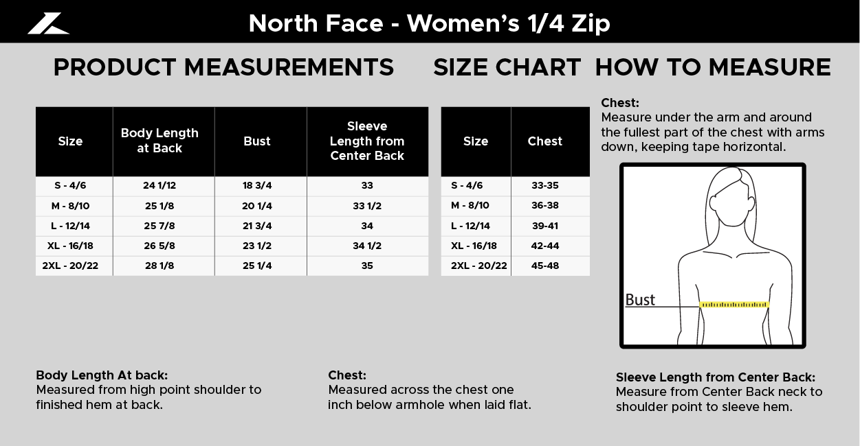 Size chart for The North Face Women's 1/4 Zip