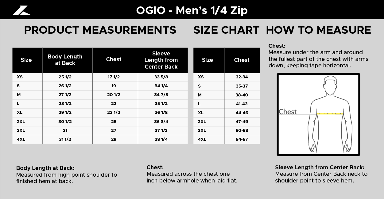 Size chart for OGIO Men's 1/4 Zip