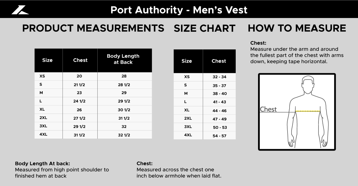 Size chart for Port Authority Men's Vest