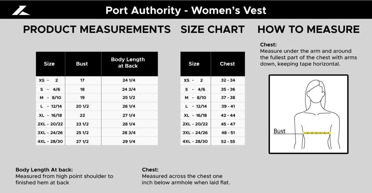 Size chart for Port Authority Women's Vest