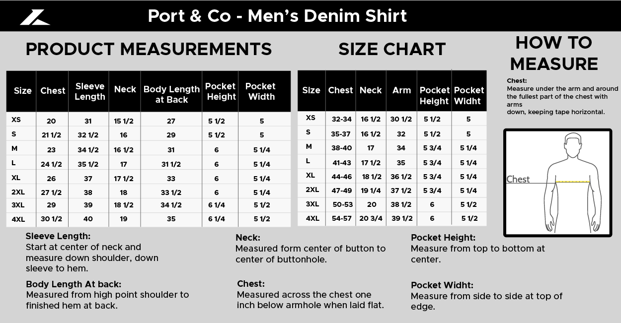 Size chart for Port & Co Men's Denim Shirt