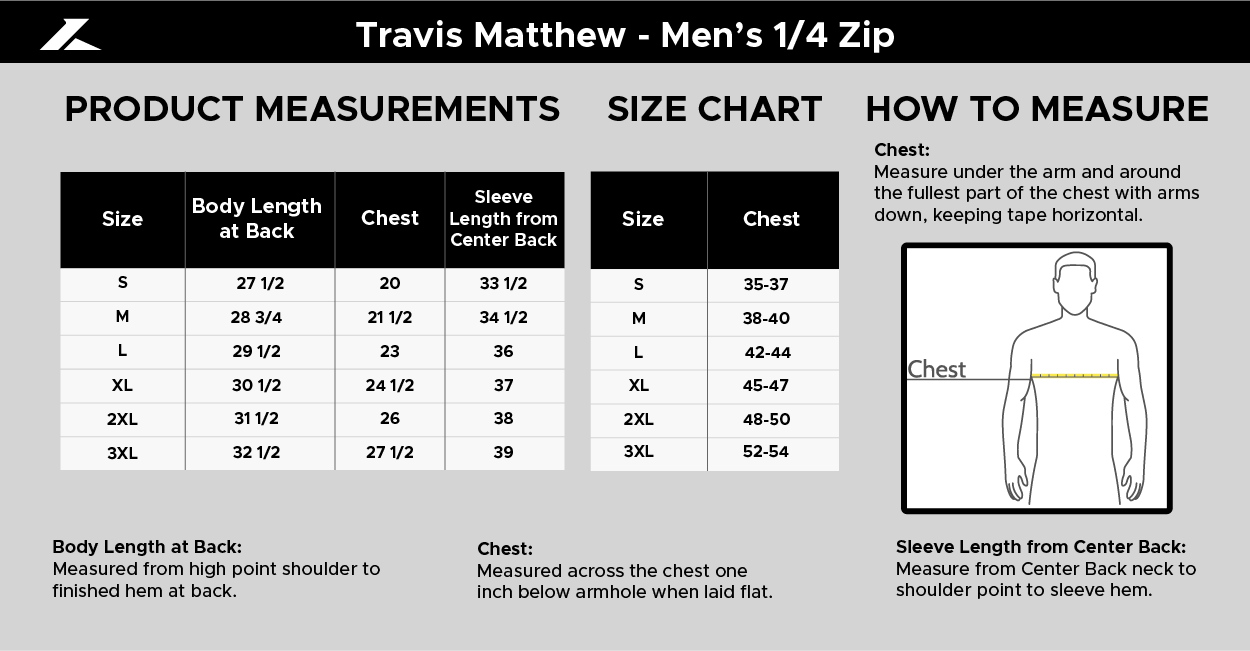 Size chart for TravisMathew Men's 1/4 Zip