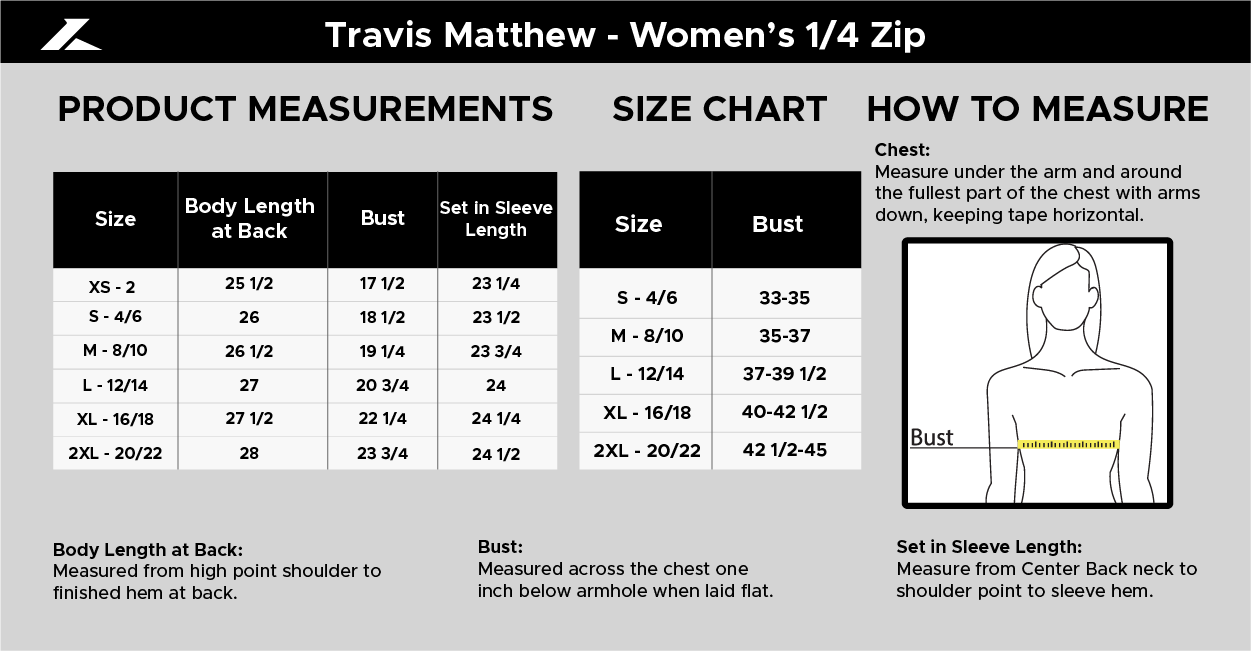 Size chart for TravisMathew Women's 1/4 Zip
