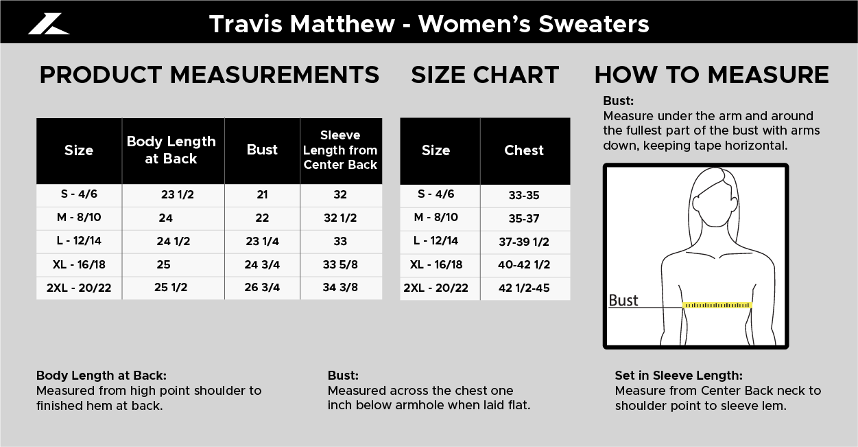 Size chart for TravisMathew Women's Sweater