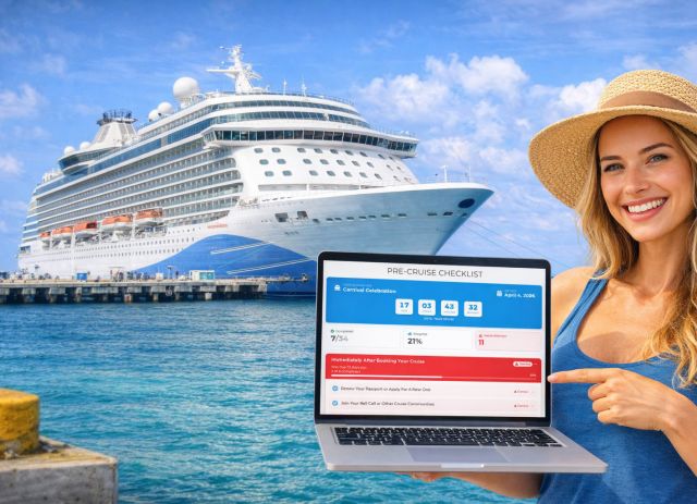 2026 Pre Cruise Checklist - woman holding laptop showing Gangwaze cruise checklist app