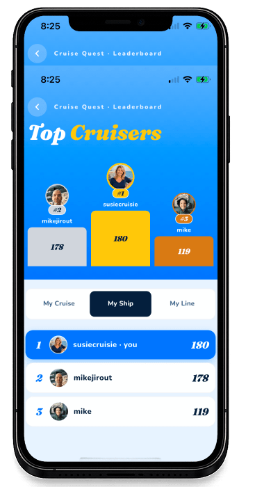 Cruise Quest leaderboard with podium and player ranking