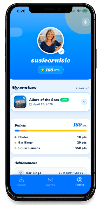 Cruise Quest profile showing past cruises and achievement badges