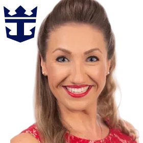 Cruise director smiling in front of cruise ship