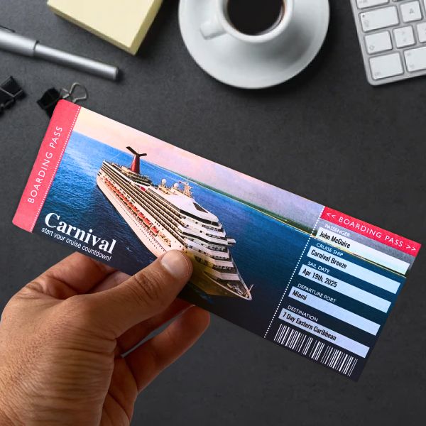 Cruise ticket template - hand holding a customized cruise boarding pass