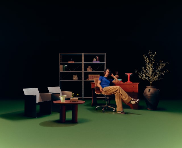 Pier collection lamps styled in a warm green-floored studio scene