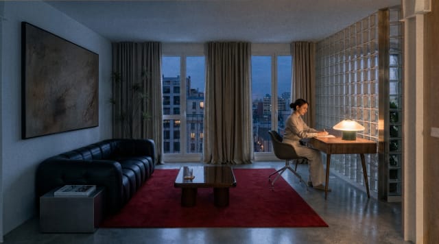 Apartment interior comparing warm Relax Mode and cool Create Mode lighting
