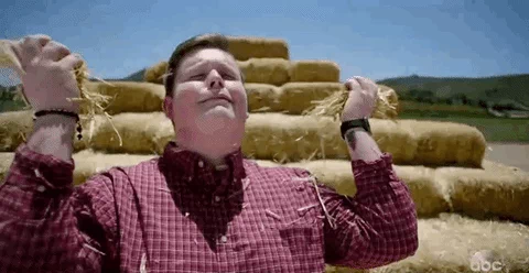 Boy throwing hay and sighing