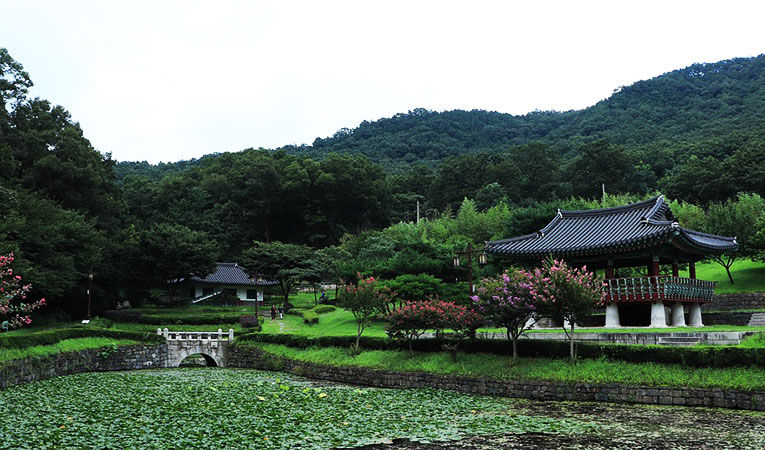 Lily ponds with green grass, trees, pathways, and traditional Korean architecture
