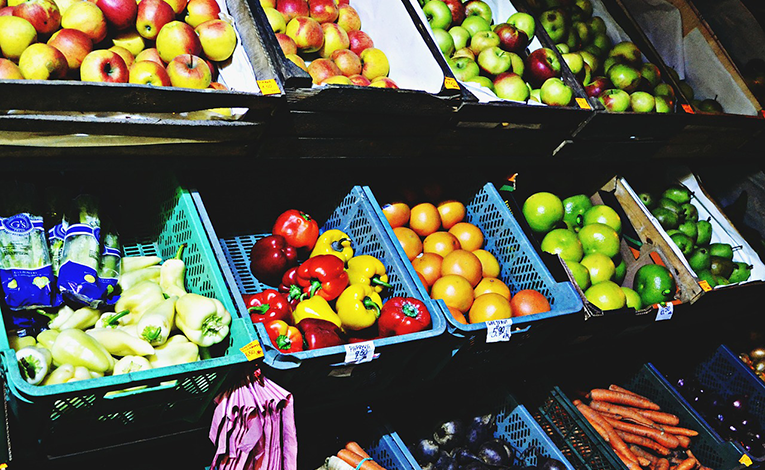 Colorful fruits and vegetables on display at a market