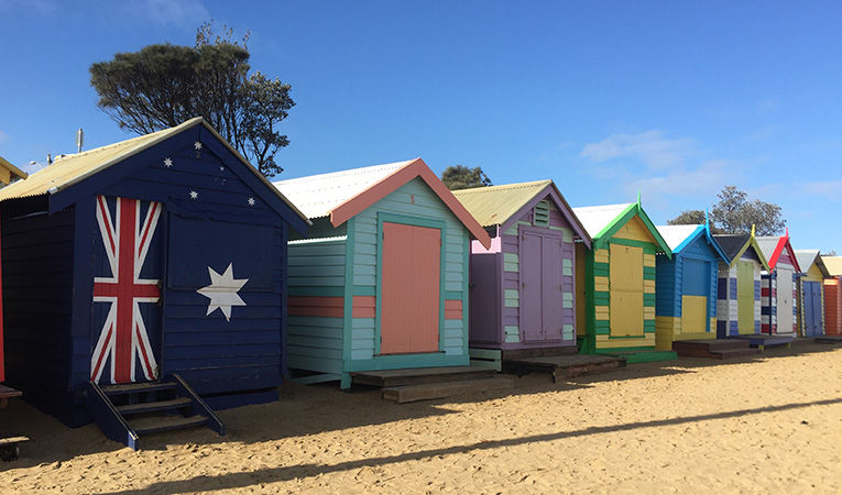 Eighty-two century-old bathing boxes line the shore of Brighton Beach just outside Melbourne, Australia. 