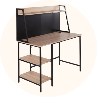 A wood and black metal desk with a hutch and open shelves.