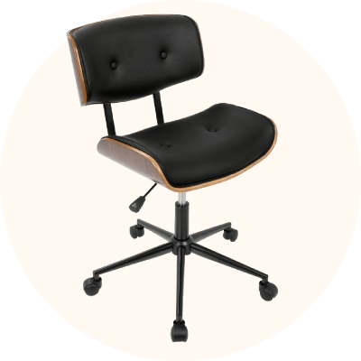 A black leather and wood swivel desk chair.