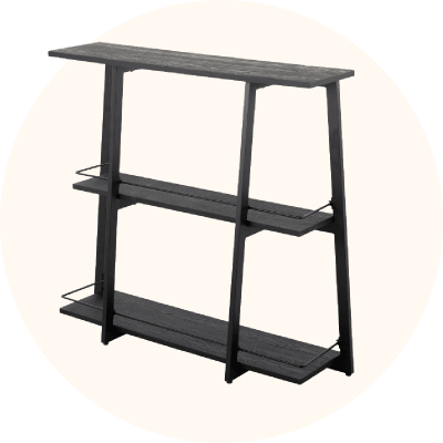 A black three shelf angled bookcase.