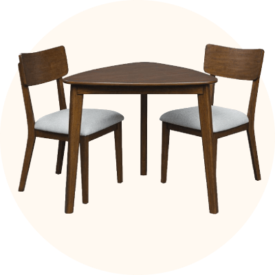 A small brown wood dining table with two upholstered chairs.