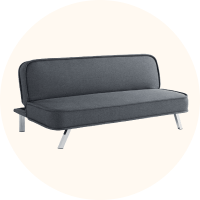 A dark gray futon with chrome legs.