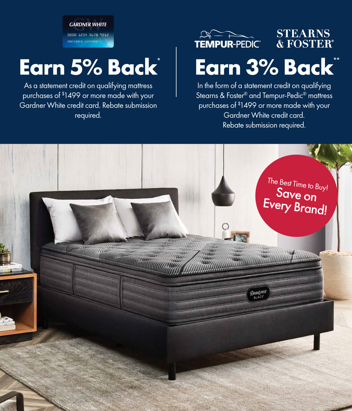 Earn 5% back on qualifying mattress purchases. Earn 3% back on qualifying Stearns and Foster and Tempur Pedic mattress purchases.