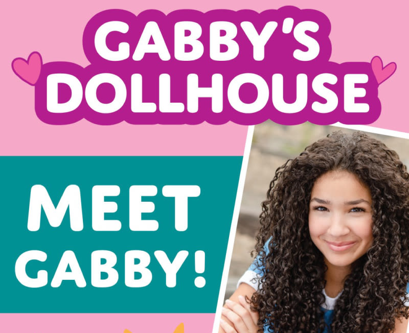 A pink background with a picture of Gabby from the kids television show Gabby's Dollhouse with the words 'Meet Gabby' over top of it.