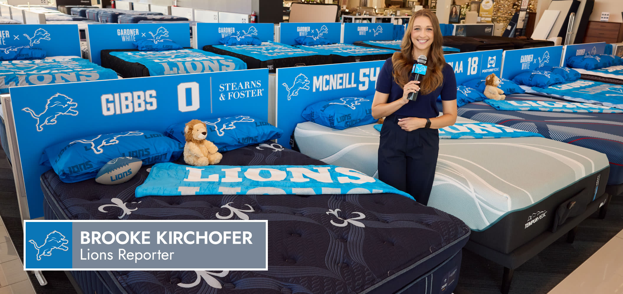 Lions reporter Brooke Kirchofer among Detroit Lions themed mattresses at Gardner White