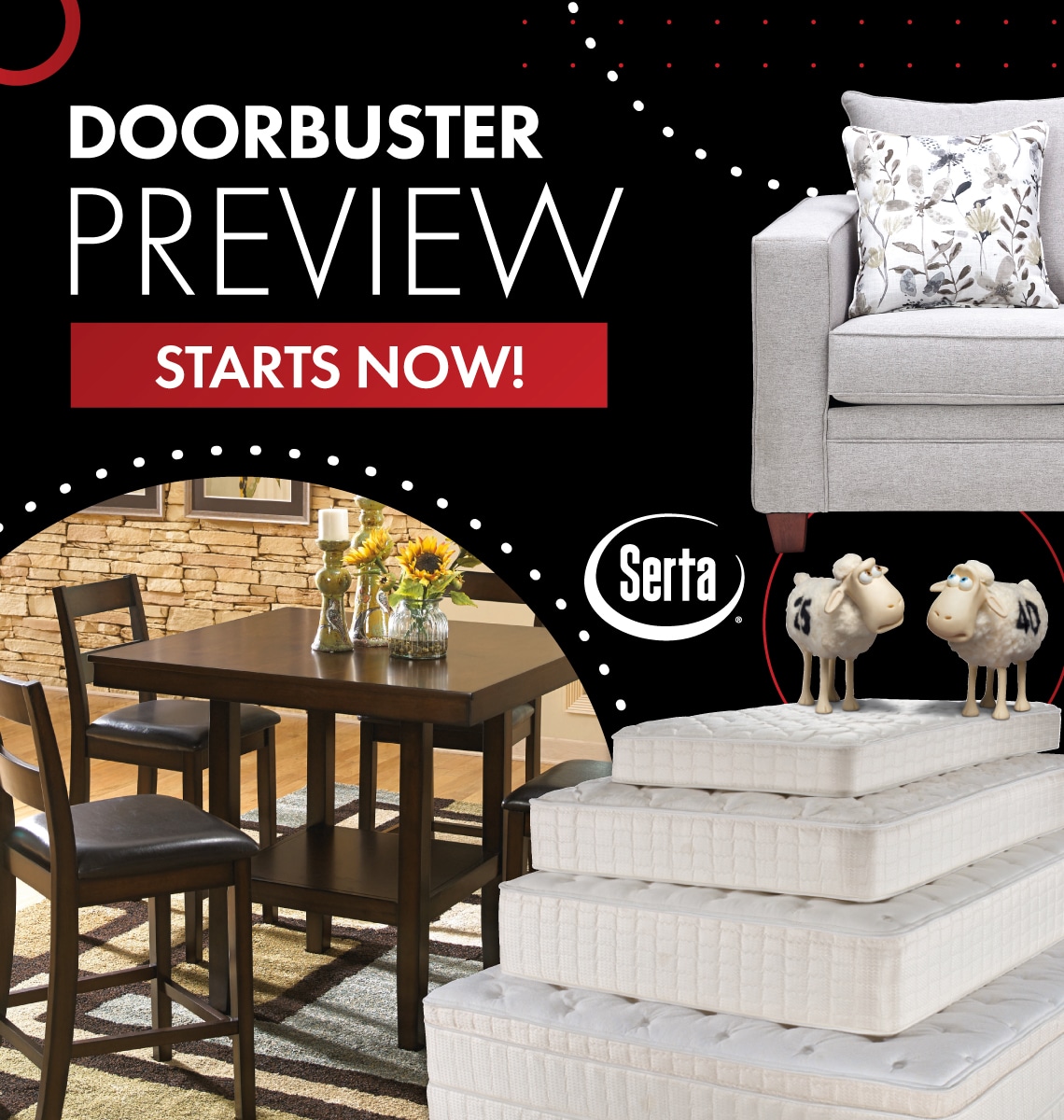 A black background with white lettering saying doorbuster preview. A brown wooden dining set and a stack of Serta mattresses with two sheep.