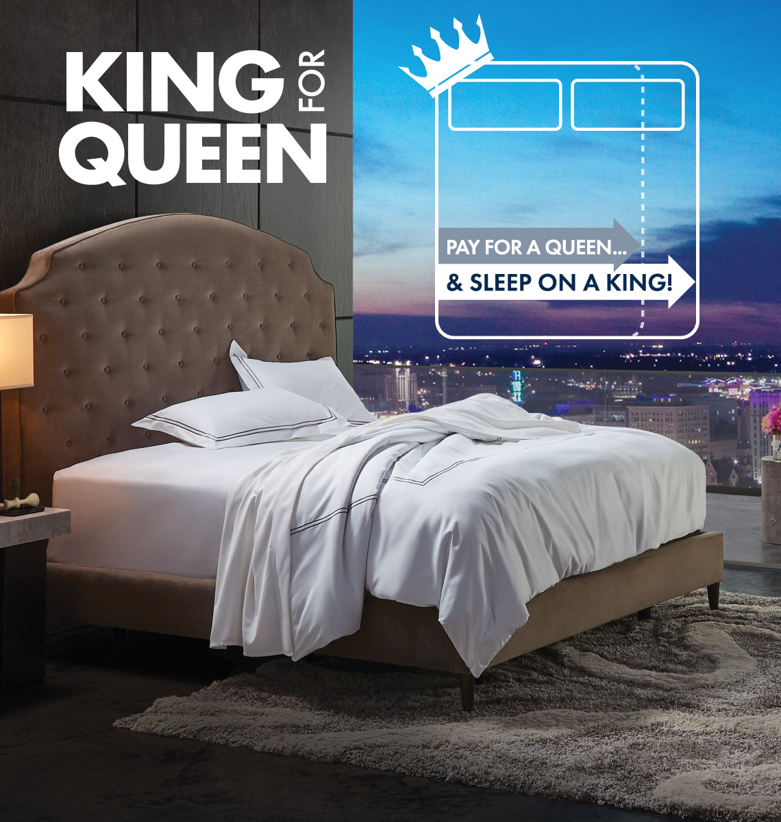 A king size bed with a gray upholstered headboard in a bedroom overlooking a city.