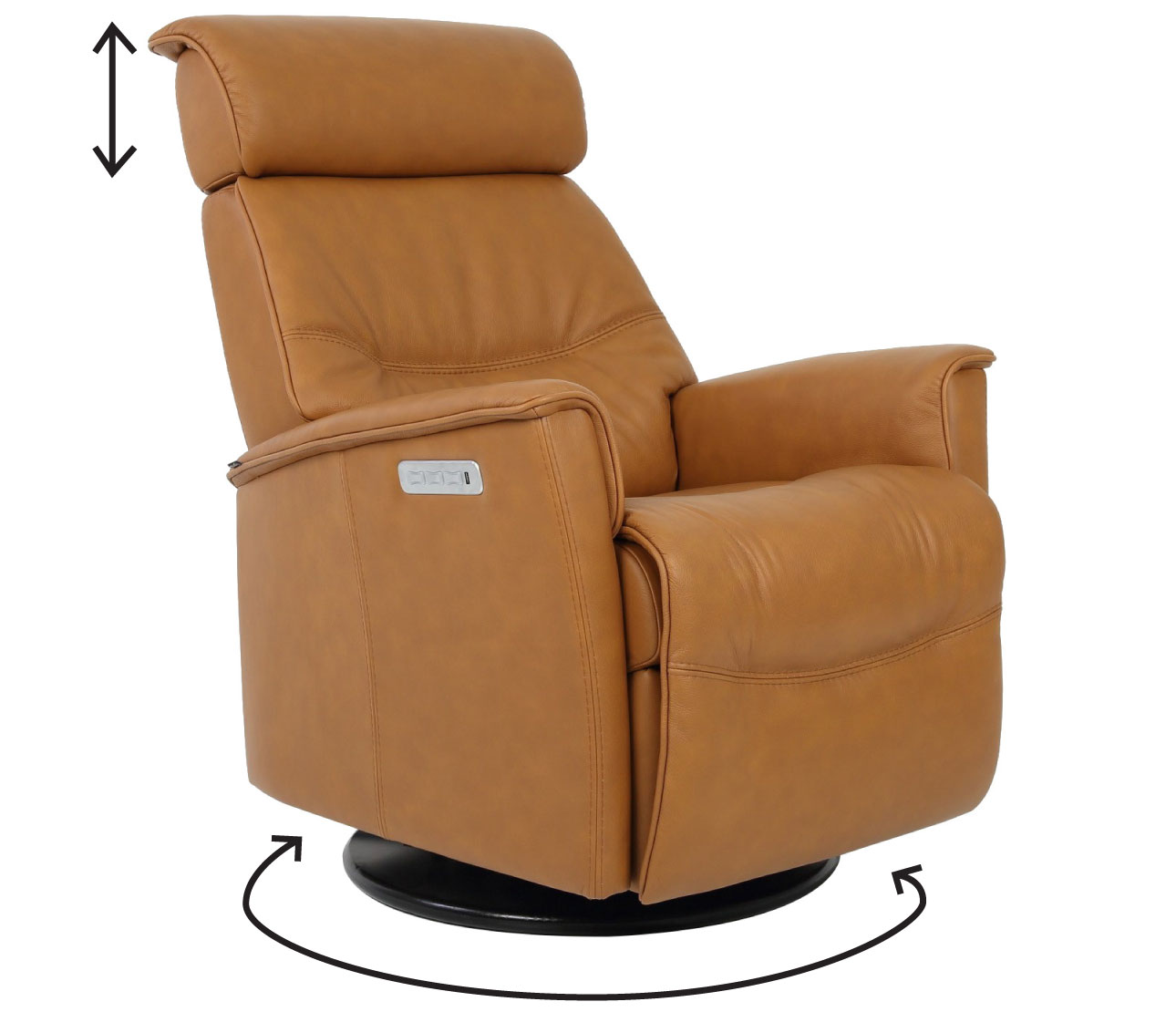 Fjords recliner with numbered callouts for its lumbar support, adjustable headrest, controls, leather, and swivel base.