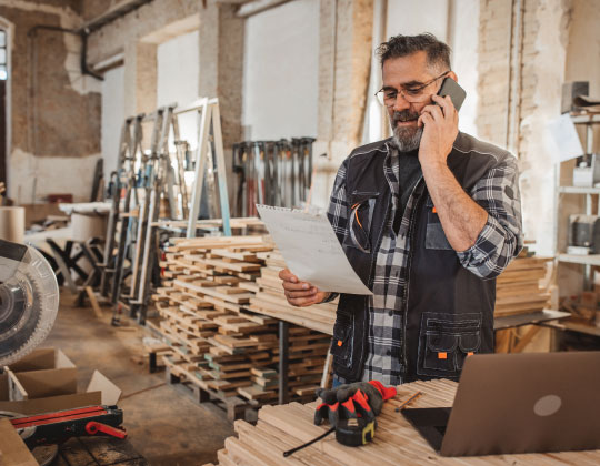 Man in a workshop on the phone reviewing a document.