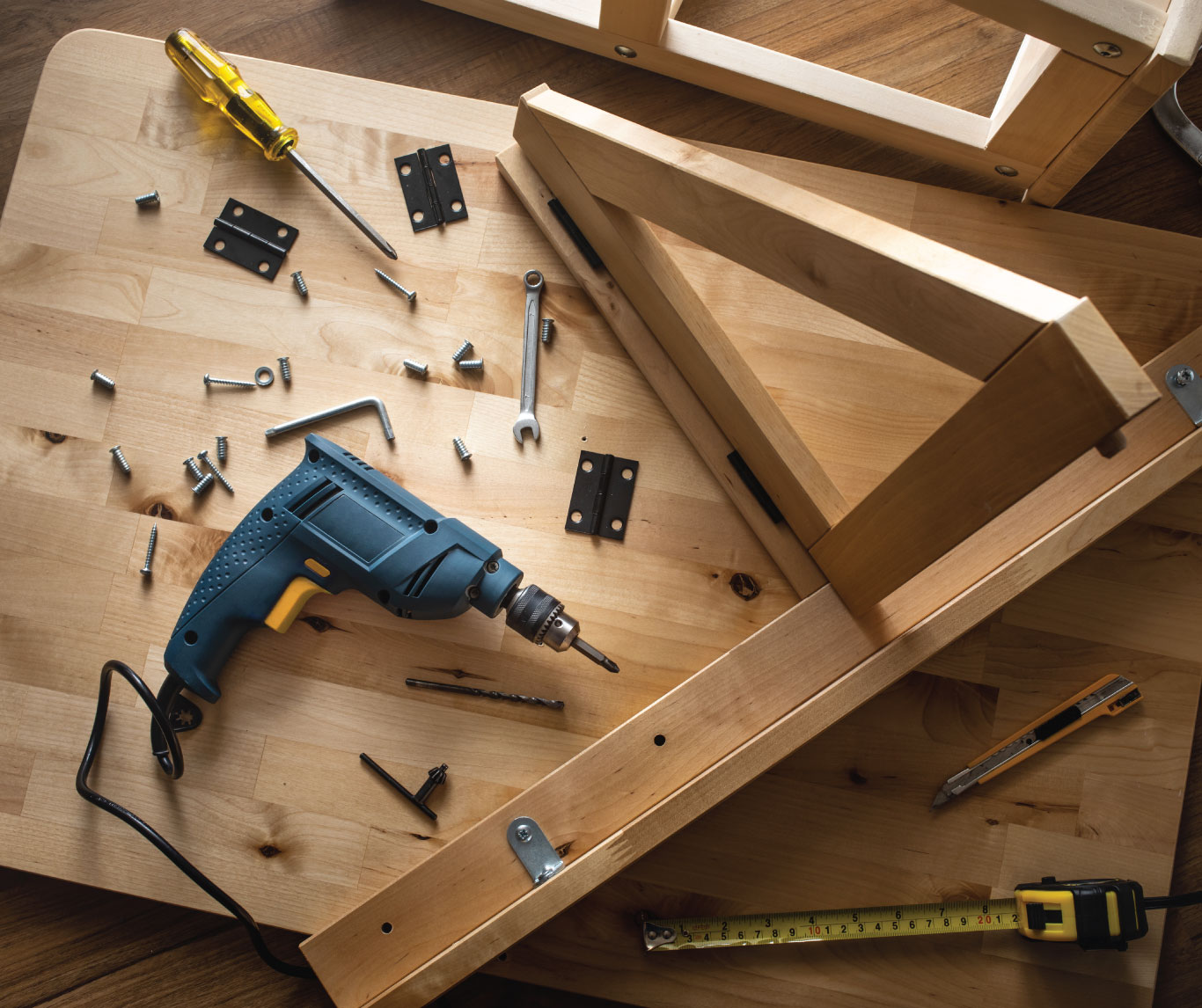 Tools on a workbench.