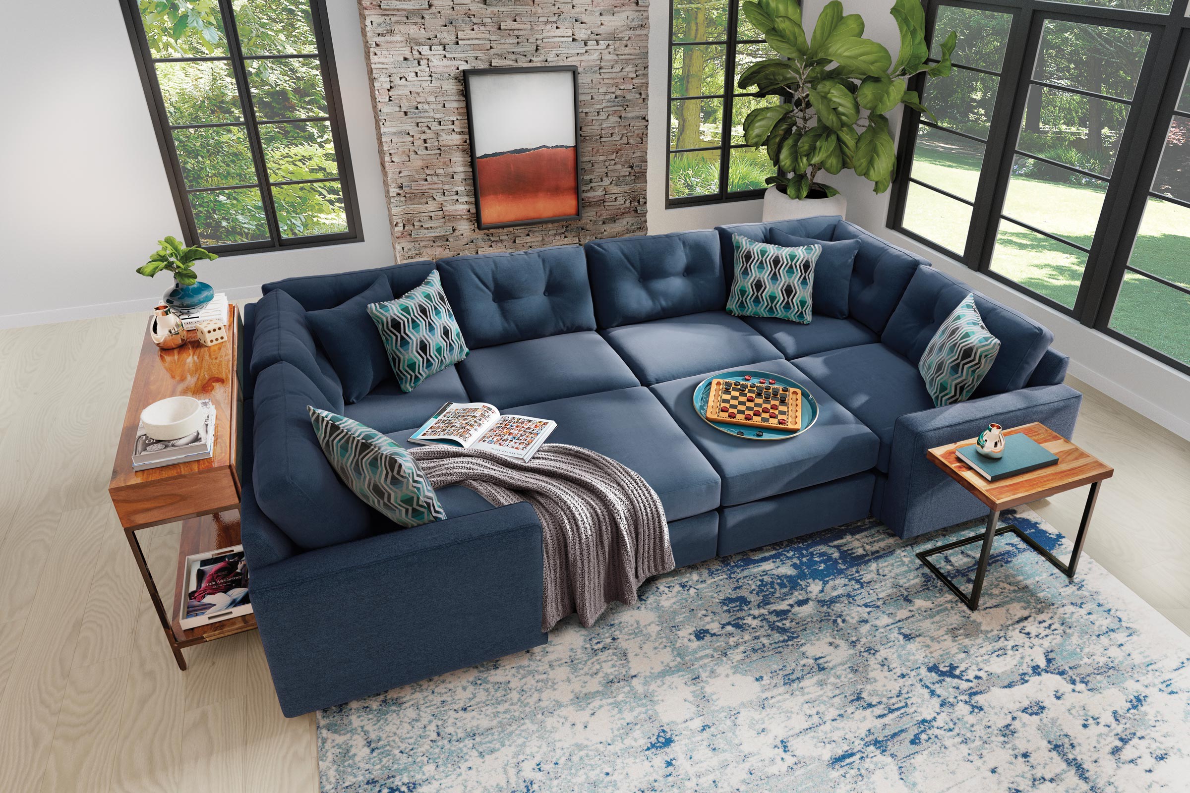 Blue modular sectional in a living room.
