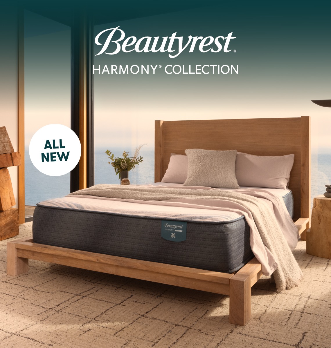 A queen size Beautyrest mattress in a bedroom. Overlayed is the words Beautyrest Harmony Collection.