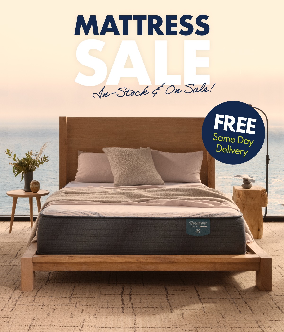 Beautyrest mattress in a bedroom overlooking the sea.