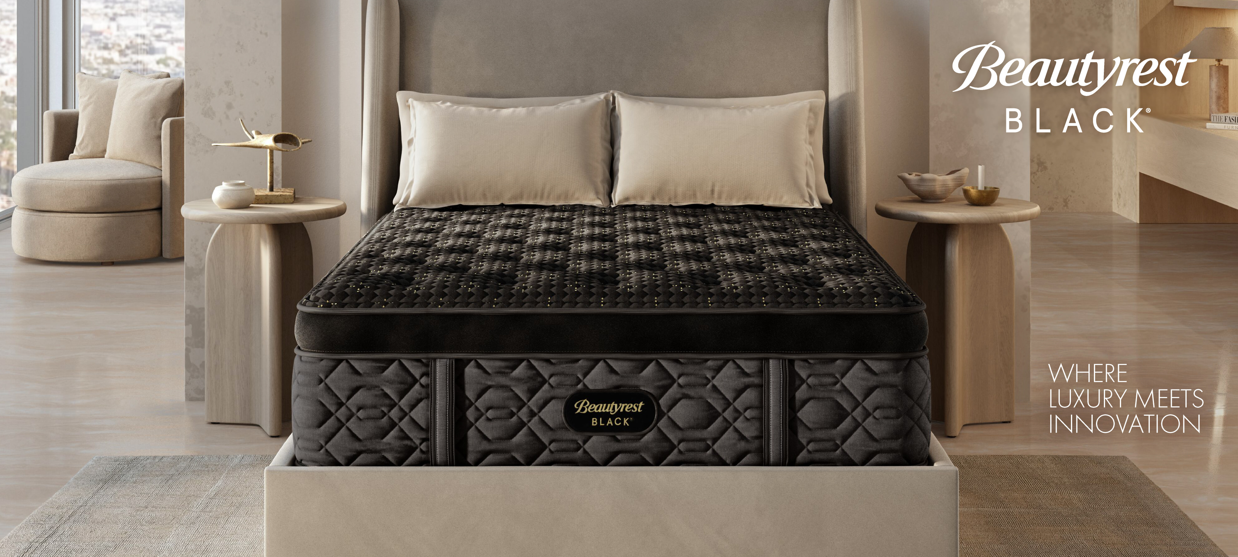 A Beautyrest Black queen size pillow top mattress on a bed with four pillows, two nightstands, and a tan rug in a bedroom.