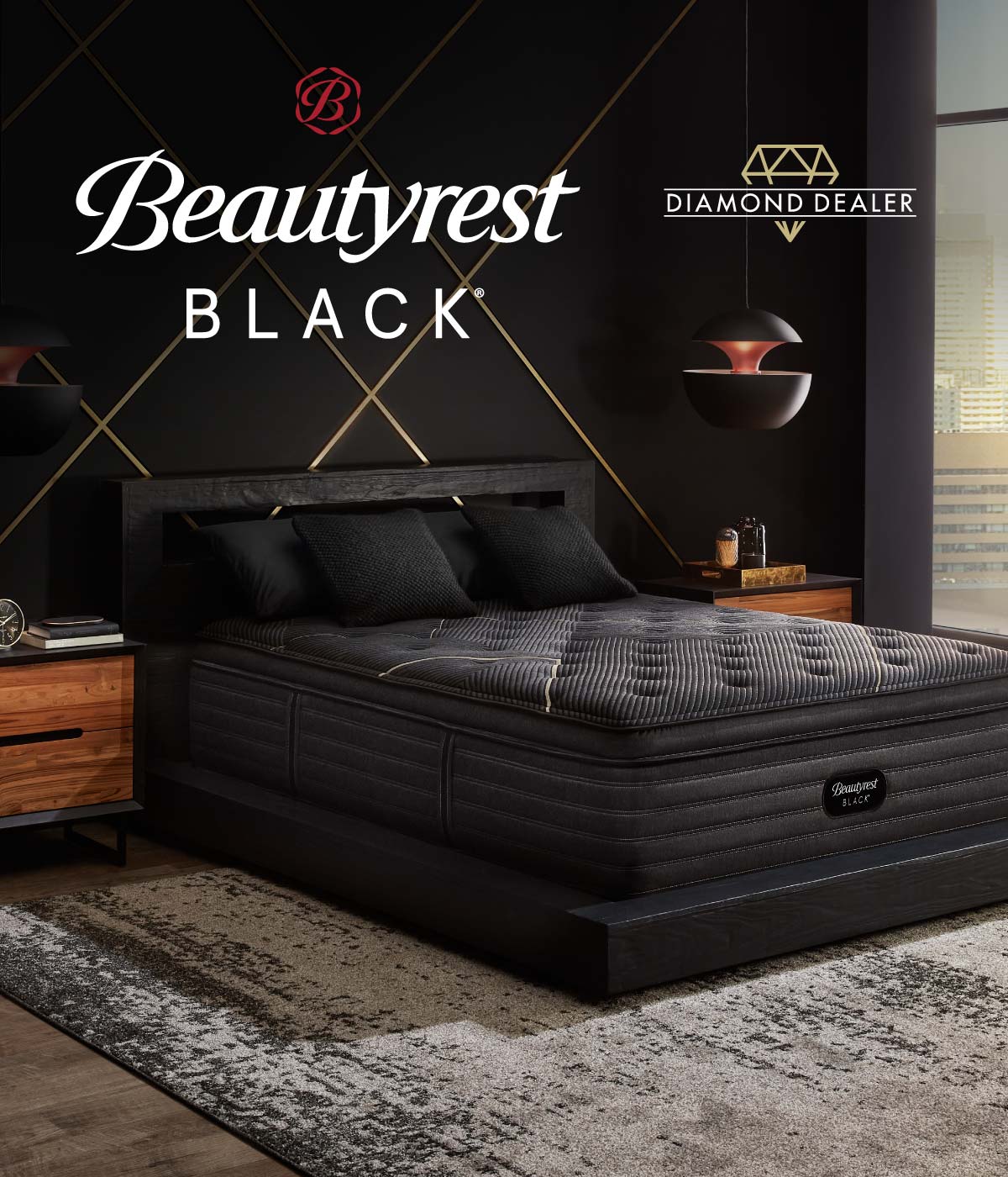 A queen size pillow top mattress in a bedroom with the Beautyrest Black logo overlaid.