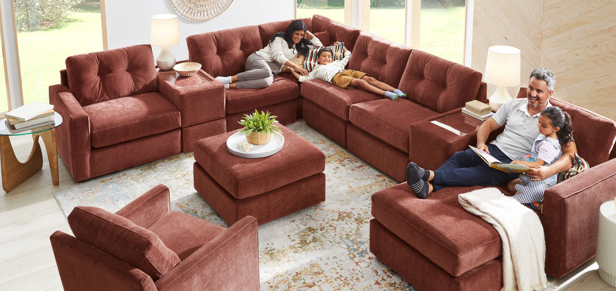 Family relaxing in a living room.