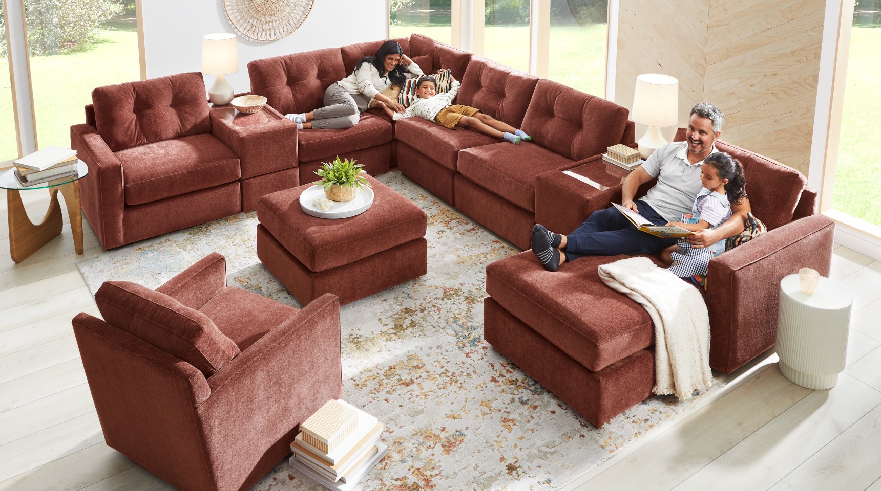 Family relaxing on a modular sofa