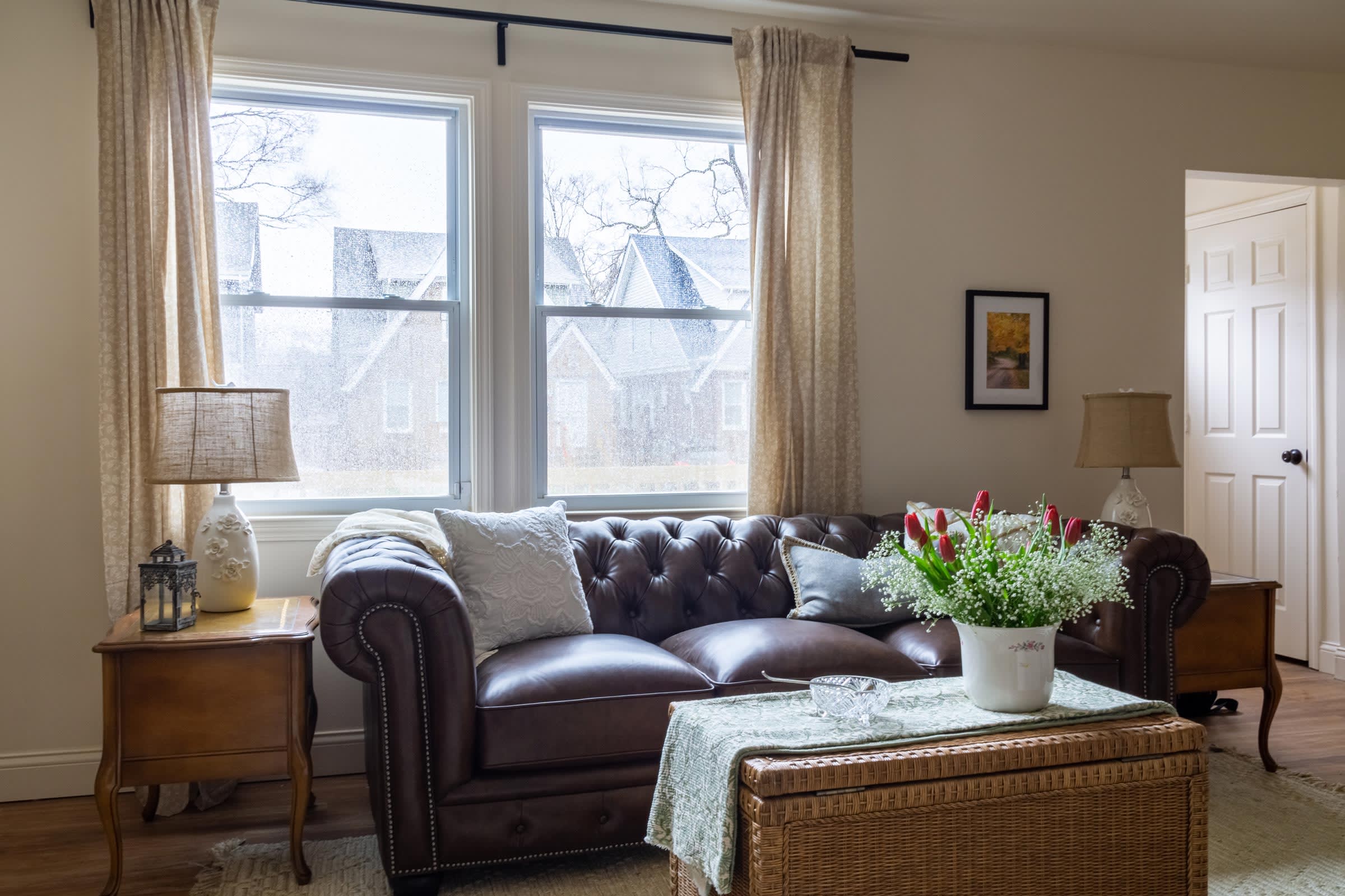 A living room featuring a leather sofa.